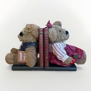 Boyds Teddy Bear Girl Boy Wood Bookends "Books Are Fun" Vintage Decor Glasses